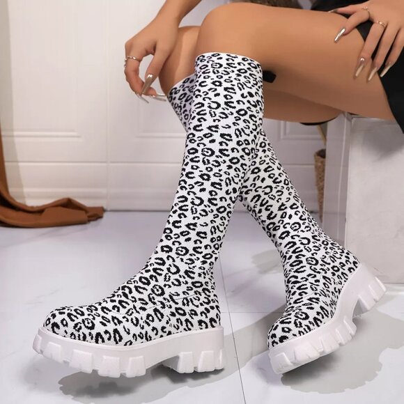 Leopard Chunky Platform Knee High Boots - Picture 1 of 11